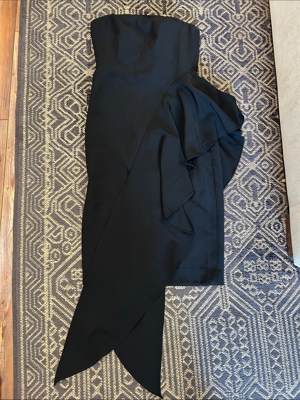 MILLY Strapless Black Asymmetric Ruffle Midi Dress